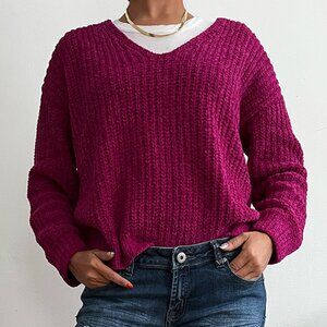 Express Chenille Velvet V-Neck Pullover Sweater – Pink | Size XS